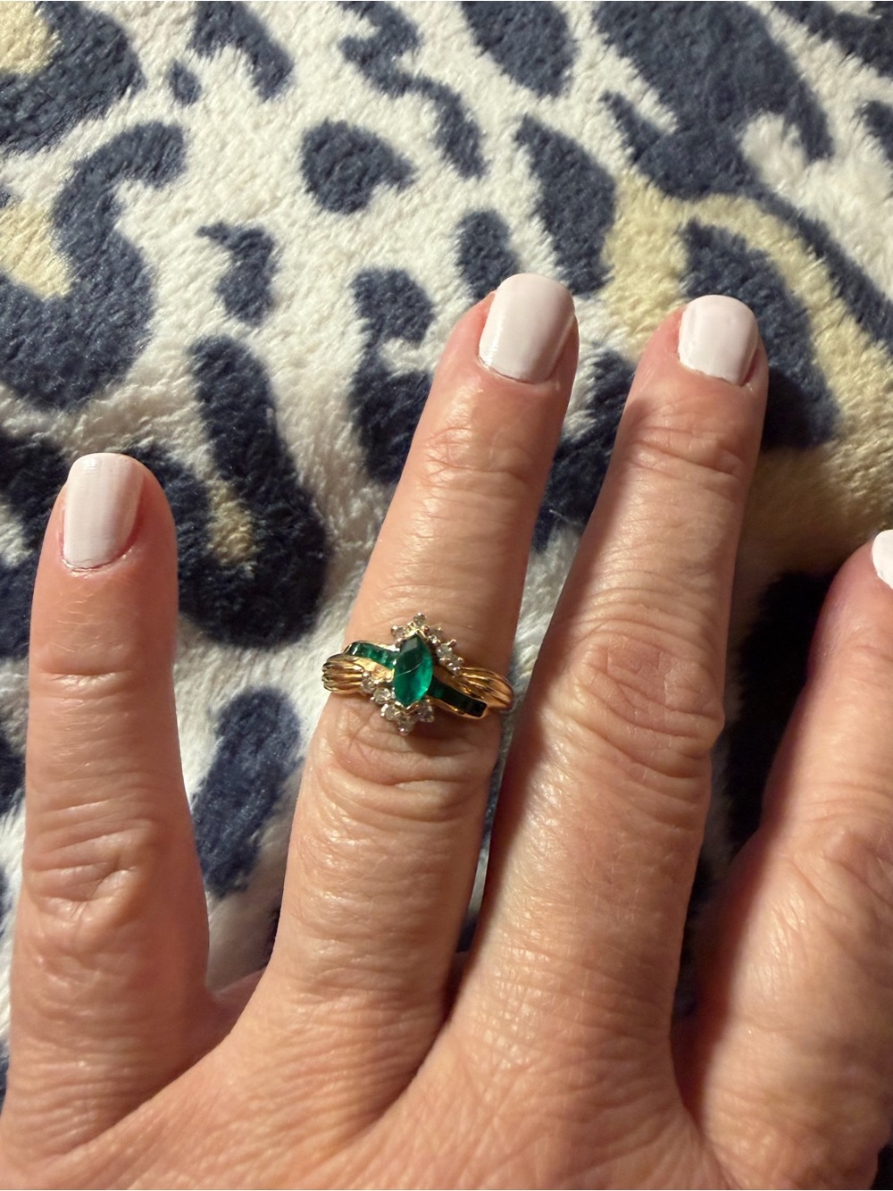 Gold-Tone Ring with Marquise Emerald Green Stone and Accent Stones